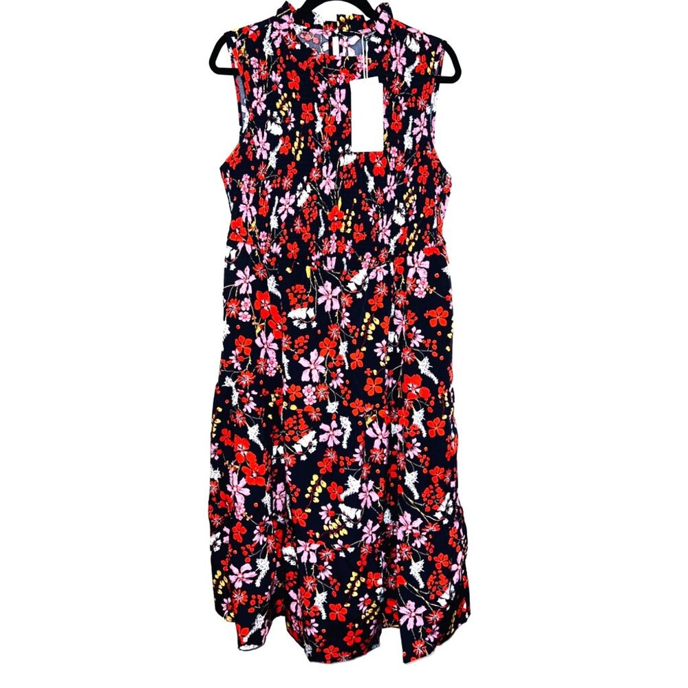 NEW Bloomchic Womens Dress Ruffle Neck Dark Blue Colorful Floral Size 12